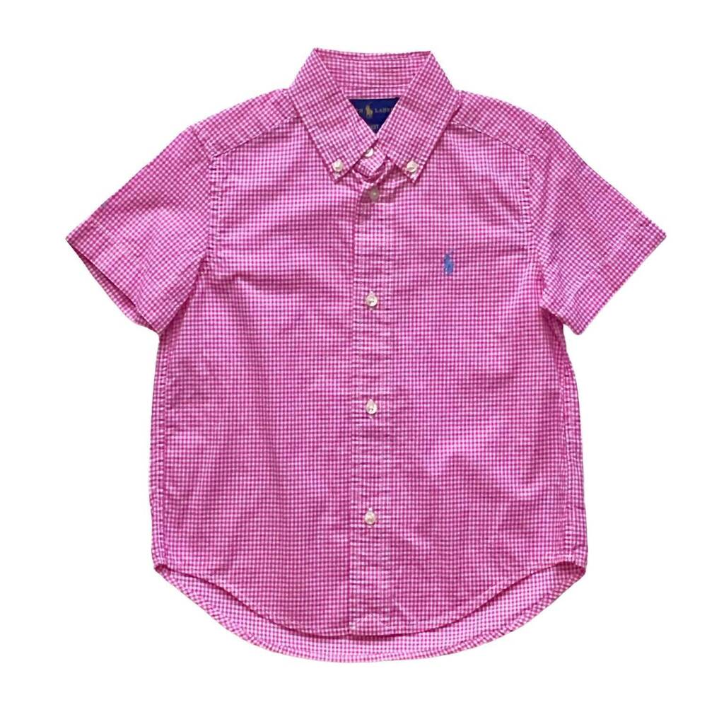 NEW RALPH LAUREN boy's poplin short sleeve butoned shirt in pink/white